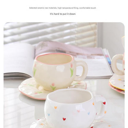 Hand-Painted Ceramic Coffee Cup and Saucer Set - Vintage Afternoon Tea(Red small floral branches).