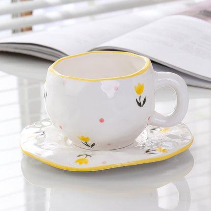 Hand-Painted Ceramic Coffee Cup and Saucer Set - Vintage Afternoon Tea(Small yellow flowers).