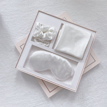Luxury Satin Sleep Mask Gift Set,4-Piece with Pillowcase and Hair Accessories(White).