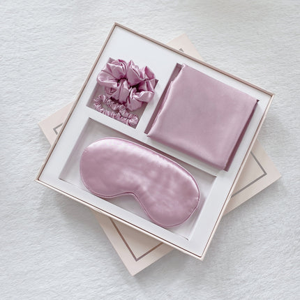Luxury Satin Sleep Mask Gift Set,4-Piece with Pillowcase and Hair Accessories(Purple).