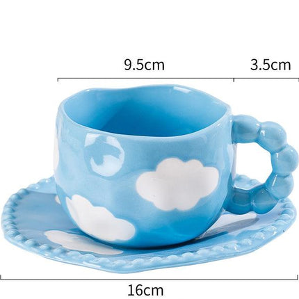 Hand-Painted Ceramic Coffee Mug and Saucer Set - Whimsical Afternoon Tea Cup with Spoon(Blue sky and white clouds).