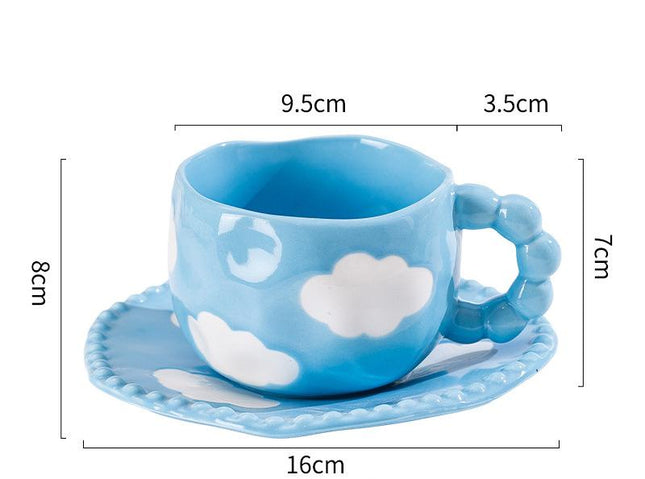 Hand-Painted Ceramic Coffee Mug and Saucer Set - Whimsical Afternoon Tea Cup with Spoon(Blue sky and white clouds).