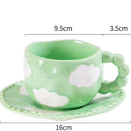 Hand-Painted Ceramic Coffee Mug and Saucer Set - Whimsical Afternoon Tea Cup with Spoon(White cloud-green).