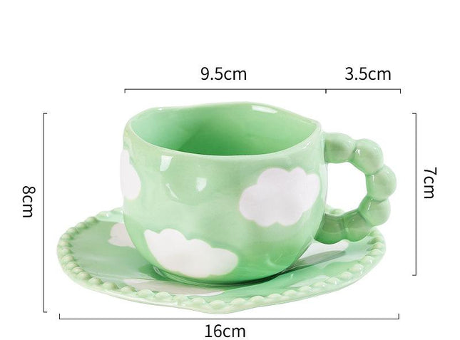 Hand-Painted Ceramic Coffee Mug and Saucer Set - Whimsical Afternoon Tea Cup with Spoon(White cloud-green).