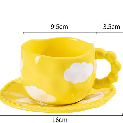 Hand-Painted Ceramic Coffee Mug and Saucer Set - Whimsical Afternoon Tea Cup with Spoon(White cloud-yellow).
