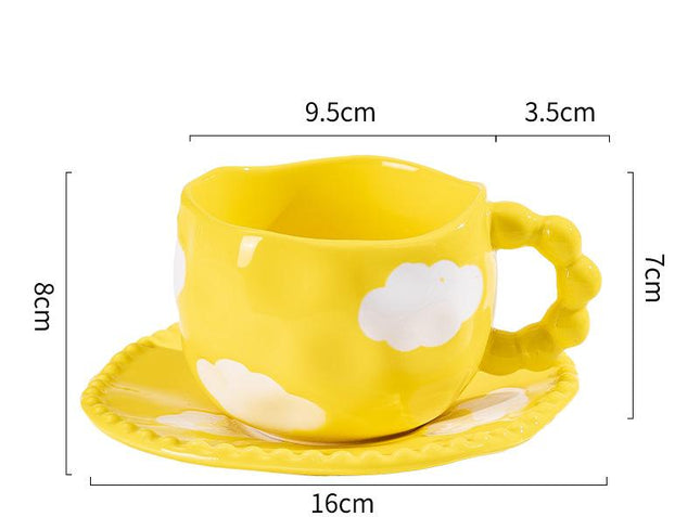 Hand-Painted Ceramic Coffee Mug and Saucer Set - Whimsical Afternoon Tea Cup with Spoon(White cloud-yellow).
