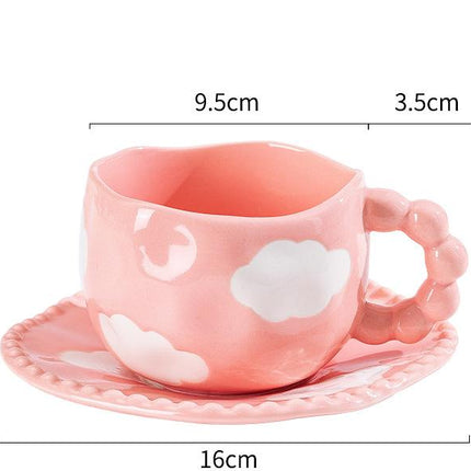 Hand-Painted Ceramic Coffee Mug and Saucer Set - Whimsical Afternoon Tea Cup with Spoon(White cloud-pink).