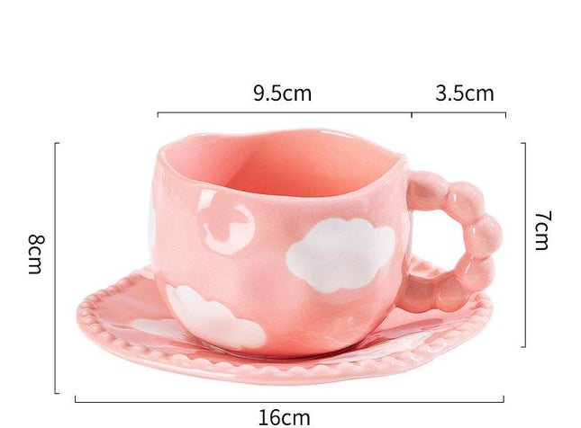 Hand-Painted Ceramic Coffee Mug and Saucer Set - Whimsical Afternoon Tea Cup with Spoon(White cloud-pink).