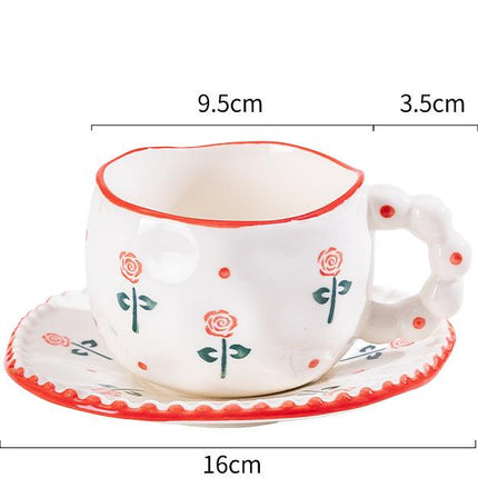 Hand-Painted Ceramic Coffee Mug and Saucer Set - Whimsical Afternoon Tea Cup with Spoon(Red rose).