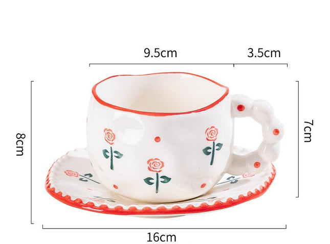 Hand-Painted Ceramic Coffee Mug and Saucer Set - Whimsical Afternoon Tea Cup with Spoon(Red rose).