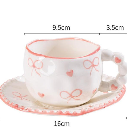 Hand-Painted Ceramic Coffee Mug and Saucer Set - Whimsical Afternoon Tea Cup with Spoon(Pink-edged bow).