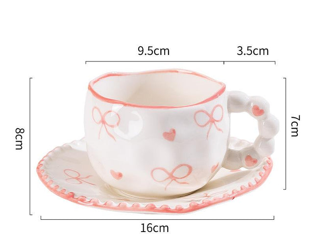 Hand-Painted Ceramic Coffee Mug and Saucer Set - Whimsical Afternoon Tea Cup with Spoon(Pink-edged bow).