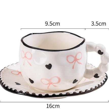 Hand-Painted Ceramic Coffee Mug and Saucer Set - Whimsical Afternoon Tea Cup with Spoon(Black-edged bow).