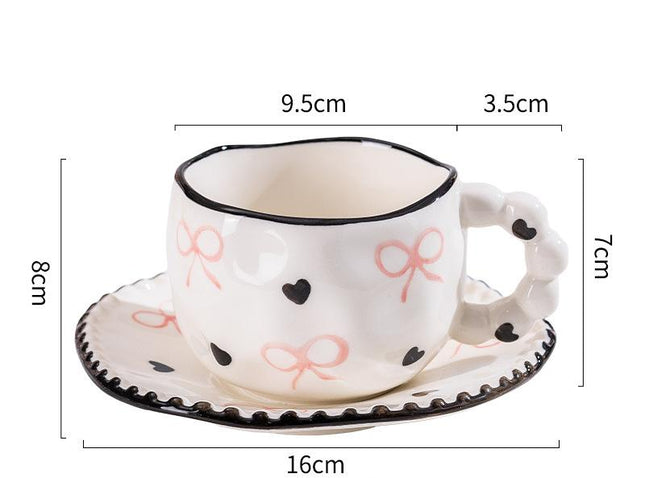 Hand-Painted Ceramic Coffee Mug and Saucer Set - Whimsical Afternoon Tea Cup with Spoon(Black-edged bow).