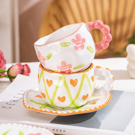 Hand-Painted Ceramic Coffee Mug and Saucer Set - Whimsical Afternoon Tea Cup with Spoon(Black-edged bow).