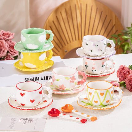 Hand-Painted Ceramic Coffee Mug and Saucer Set - Whimsical Afternoon Tea Cup with Spoon(Black-edged bow).