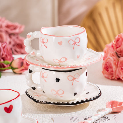 Hand-Painted Ceramic Coffee Mug and Saucer Set - Whimsical Afternoon Tea Cup with Spoon(Black-edged bow).