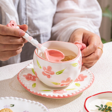 Hand-Painted Ceramic Coffee Mug and Saucer Set - Whimsical Afternoon Tea Cup with Spoon(Black-edged bow).