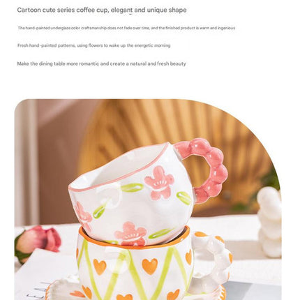 Hand-Painted Ceramic Coffee Mug and Saucer Set - Whimsical Afternoon Tea Cup with Spoon(Black-edged bow).