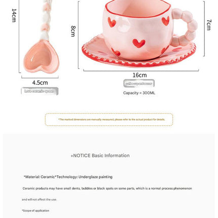 Hand-Painted Ceramic Coffee Mug and Saucer Set - Whimsical Afternoon Tea Cup with Spoon(Black-edged bow).