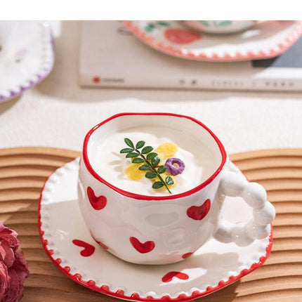Hand-Painted Ceramic Coffee Mug and Saucer Set - Whimsical Afternoon Tea Cup with Spoon(Black-edged bow).