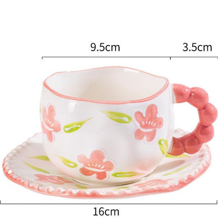 Hand-Painted Ceramic Coffee Mug and Saucer Set - Whimsical Afternoon Tea Cup with Spoon(Smiley pink flower).