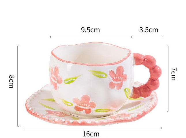 Hand-Painted Ceramic Coffee Mug and Saucer Set - Whimsical Afternoon Tea Cup with Spoon(Smiley pink flower).