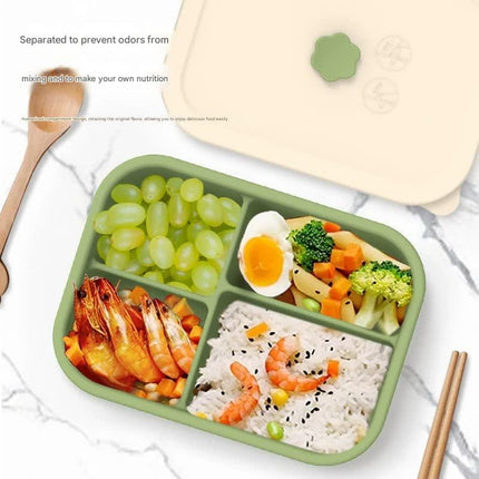 Dark green Microwave-Safe Silicone Lunch Box with 4 Compartments - Airtight Bento Box for Work and Travel.