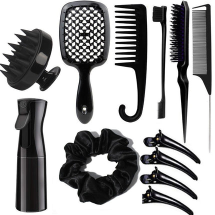 Complete Hair Styling Kit with Detangling Brushes, Combs, Spray Bottle, and Accessories(black).