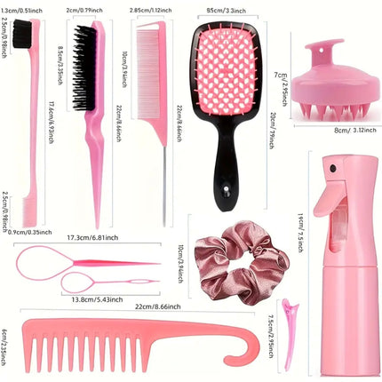 Complete Hair Styling Kit with Detangling Brushes, Combs, Spray Bottle, and Accessories(black).
