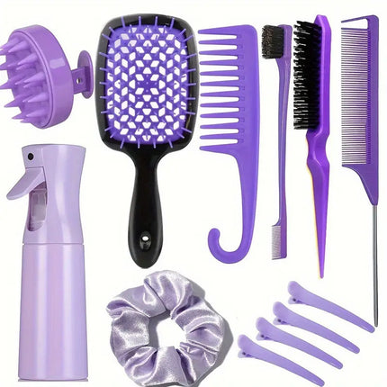 Complete Hair Styling Kit with Detangling Brushes, Combs, Spray Bottle, and Accessories(Purple).
