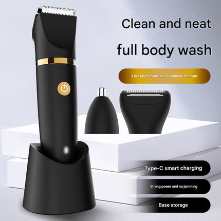 3-in-1 Men's Electric Body Groomer & Hair Clipper Kit - Waterproof, USB-C Rechargeable with Charging Dock(black).