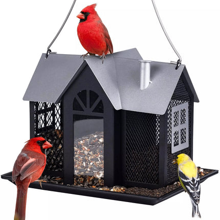 Charming House-Shaped Hanging Bird Feeder - Durable Metal Design for Wild Birds(black).