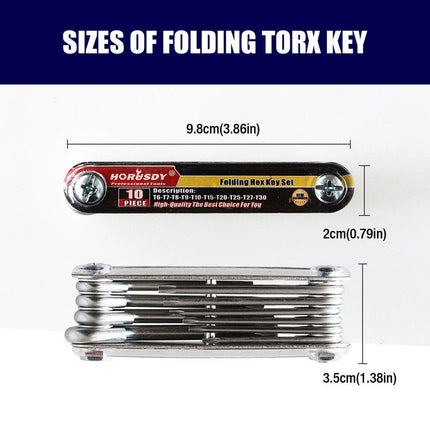 10-Piece Folding Torx Key Wrench Set - T6-T30 Star Keys, Portable Multi-Tool(silver).