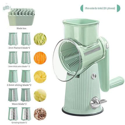 Multi-Function Rotary Vegetable Slicer & Grater - 5 Blade Types (10 Pcs Total) with Storage Box-green.