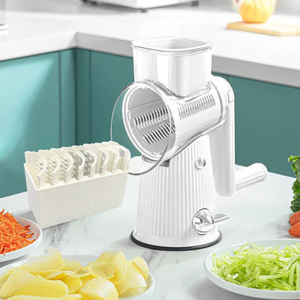 Multi-Function Rotary Vegetable Slicer & Grater - 5 Blade Types (10 Pcs Total) with Storage Box-white.