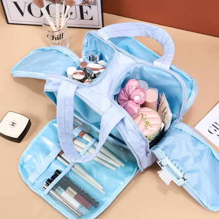 Portable Multi-Compartment Travel Toiletry & Makeup Organizer Bag with Brush Holders(Beige).
