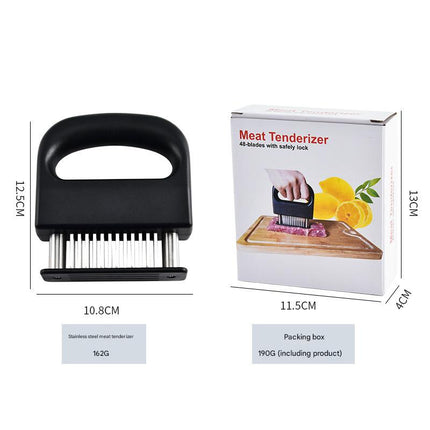 Professional Meat Tenderizer Tool - 48 Stainless Steel Blades with Safety Lock & Ergonomic Handle.