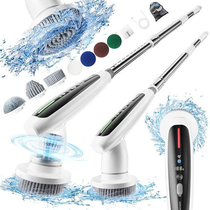 Electric Spin Scrubber with Adjustable Extension Handle & 8 Brush Heads - Smart LED Display.