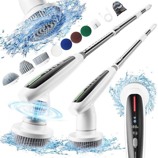 Electric Spin Scrubber with Adjustable Extension Handle & 8 Brush Heads - Smart LED Display.