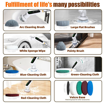 Electric Spin Scrubber with Adjustable Extension Handle & 8 Brush Heads - Smart LED Display.
