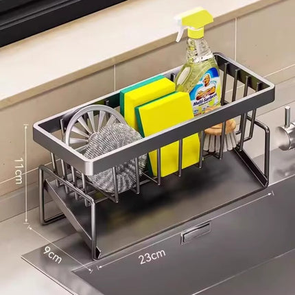 Kitchen Sink Caddy Organizer with Towel Bar & Drain Tray - Durable Metal Sponge Holder(grey).