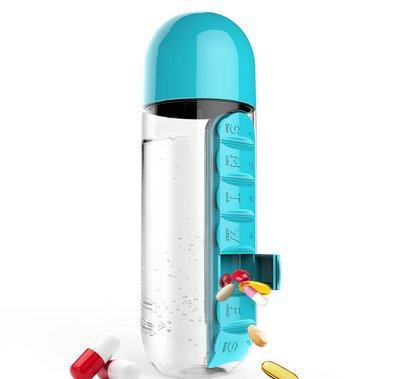 2pc 2-in-1 Water Bottle with 7-Day Pill Organizer - 600ml BPA-Free, Portable & Leakproof(Blue).