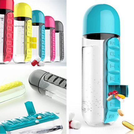 2pc 2-in-1 Water Bottle with 7-Day Pill Organizer - 600ml BPA-Free, Portable & Leakproof(Blue).