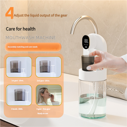 Smart Automatic Mouthwash Dispenser - 4 Adjustable Levels, LED Display, 2000mAh Battery & Magnetic Cups(white).