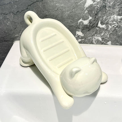 Charming Cat-Shaped Ceramic Soap Dish - Creative & Versatile Home Decor Accent(Milky white).