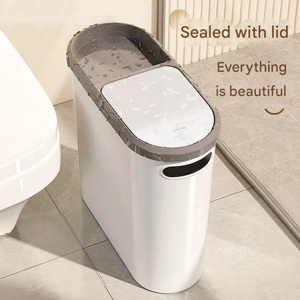 Slim Press-Top Trash Can with Top Storage Compartment - Narrow Design for Bathroom & Small Spaces(White cover + ash bucket).