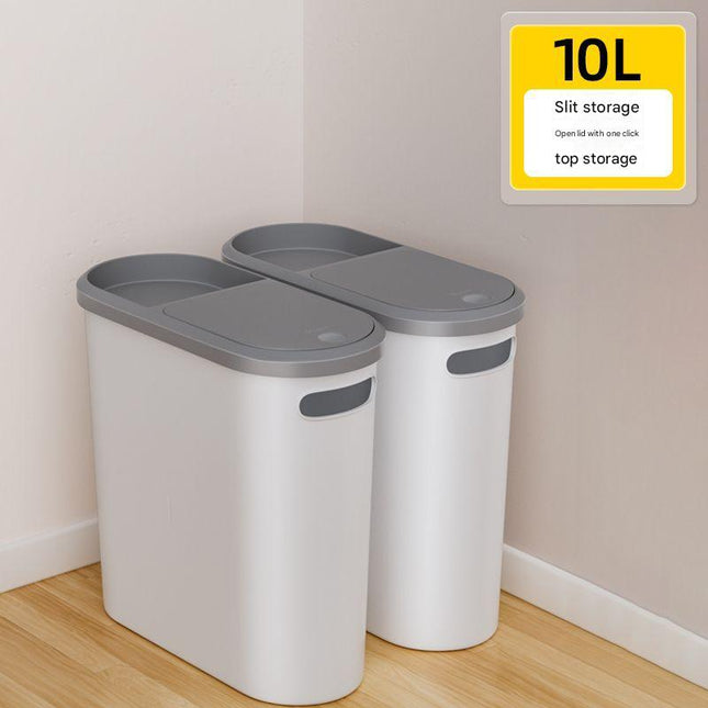 Slim Press-Top Trash Can with Top Storage Compartment - Narrow Design for Bathroom & Small Spaces(White cover + ash bucket).
