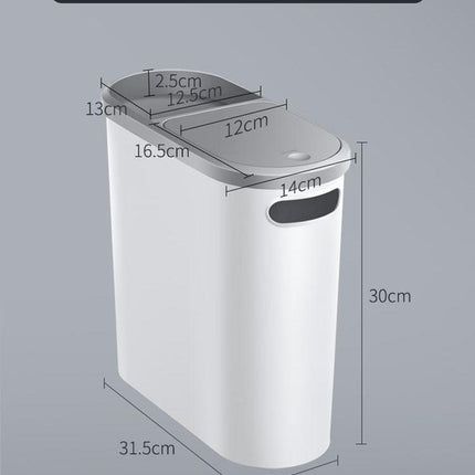Slim Press-Top Trash Can with Top Storage Compartment - Narrow Design for Bathroom & Small Spaces(White cover + ash bucket).