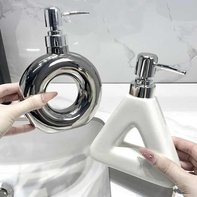 Modern Ceramic Soap & Lotion Dispenser - Unique Geometric Designs, 300ml Capacity(Triangular lotion bottle, silver).